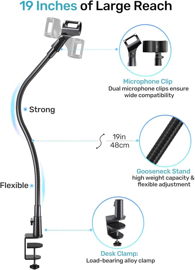 19-in Gooseneck Mic Stand with Desk Clamp, 3/8 & 1/4 Adapters, 360° Swivel | Upgraded Clamp, Heavy Duty & Flexible Arm for Podium, Pulpit, Lecture, Podcast, Sturdy Clamp, Universal Fit for Most Mics - Image 2