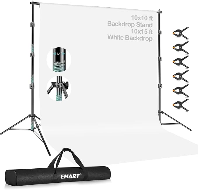 EMART Heavy Duty Photo Backdrop Stand Kit 10 x 10 FT with White Backdrop | Background Stand Backdrop-White, 6Clamps, 2Sandbags for Photography Studio, Video Recording, Live Stream, Zoom, Portrait, Pet by EMART