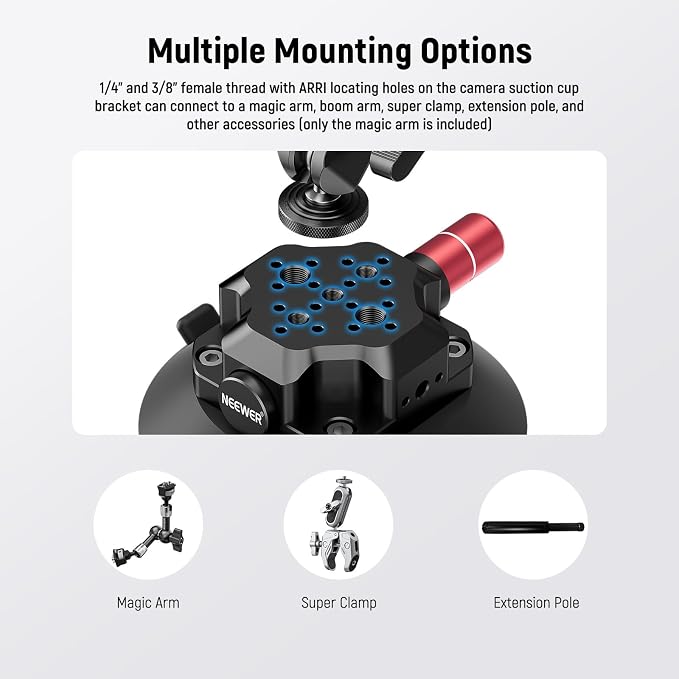 NEEWER 4.5" Suction Cup Camera Mount with Ball Head Magic Arm, CA105 | 1/4" 3/8" ARRI Holes, Quick Release Car Mount, Phone Holder, Action Camera Adapter, Compatible with iPhone DJI Insta360 - Image 6