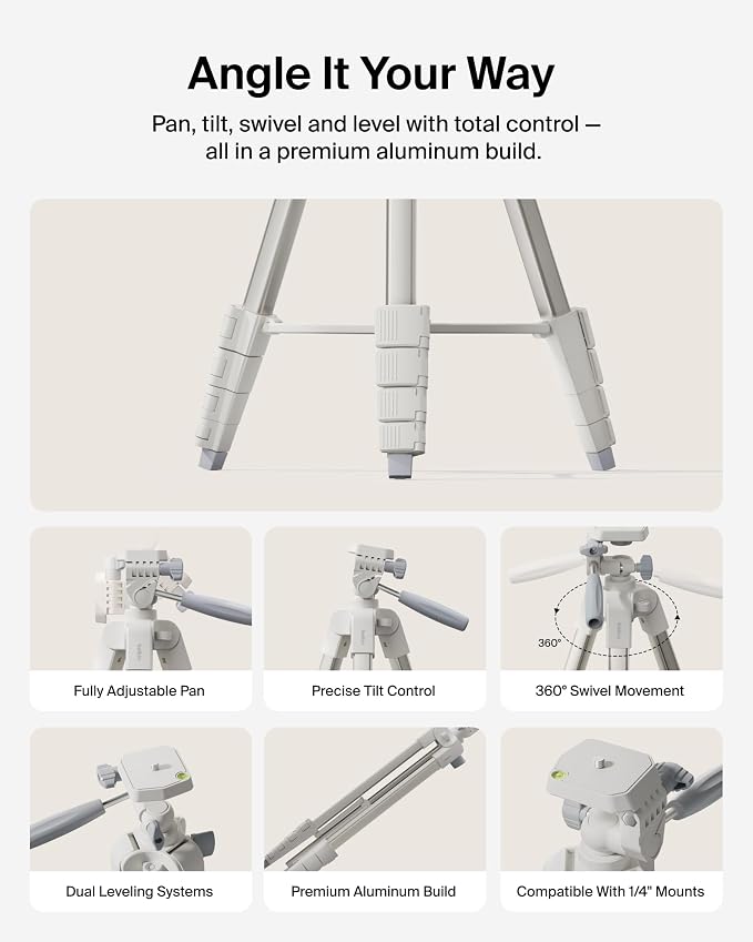 Belkin Stage Creator Tripod Stand, 5.5ft Adjustable, Phone & Camera | Pan-tilt-swivel head, lightweight, for photo, video, vlogging, YouTube, streaming, home, studio, travel - Image 4
