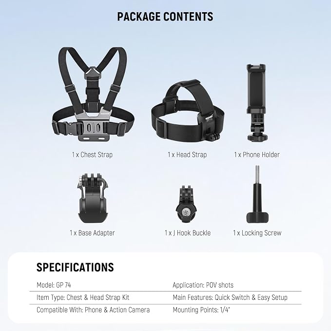NEEWER Mobile Phone Chest Mount Head Strap Mount, Quick Release POV Vlog Accessory Kit for Video Recording, Compatible with iPhone GoPro Hero Insta360 DJI AKASO Action Camera, GP-74 - Image 8
