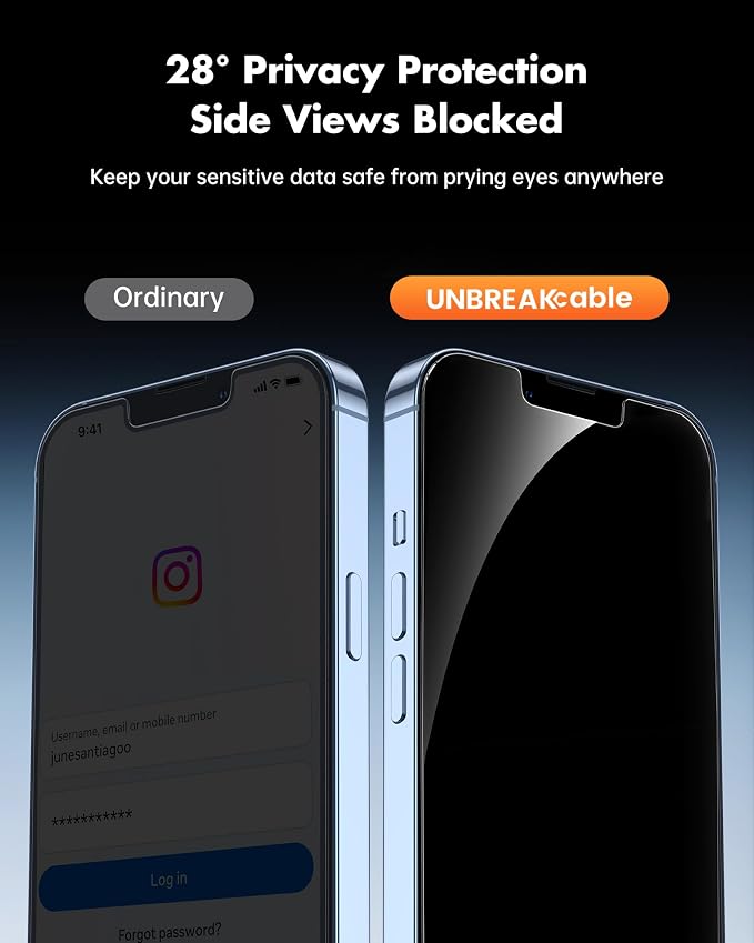 UNBREAKcable Privacy Screen Protector for iPhone 14/13/13 Pro, 2-Pack | True 28° Anti-Spy, Shatterproof Tempered Glass, 9H Hardness, Easy Install, Bubble-Free, Anti-Scratch, Case Friendly - Image 2
