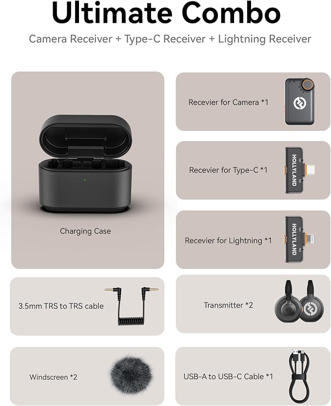 Hollyland Lark M2S Ultimate Combo (Camera RX+USB-C RX+Lightning RX) Wireless Lavalier Microphone for iPhone/Camera/Android/PC, Compact Mic, Titanium Clip, Noise Cancelling, Content Creation | Camera, USB-C and Lightning receivers, compact mic, titanium... - Image 9