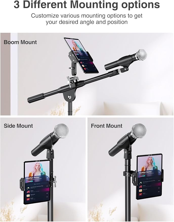 elitehood Universal iPad Mount Clamp, Metal Clip On Tablet Holder for Mic | Dual Adjustable Ball Head, Aluminum iPad Holder for Mic Stand, iPad Pole Mount for Drum Mic Yoke Boat Wheelchair Stroller - Image 4
