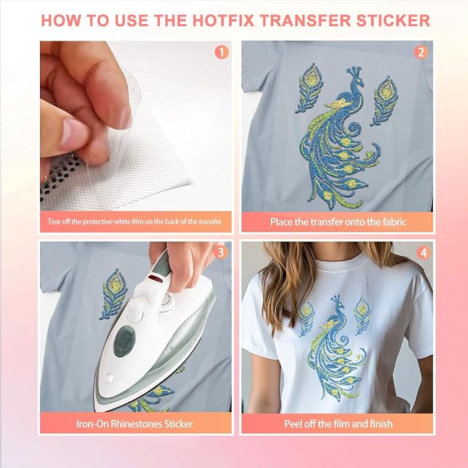 3 Pcs Peacock Pattern Iron on Rhinestones Transfer, Bling Crystal Clothing Repair Applique Heat Transfer Patches for T-Shirt Vest Shoes Hat Jacket Pants Bags Decor - Image 5