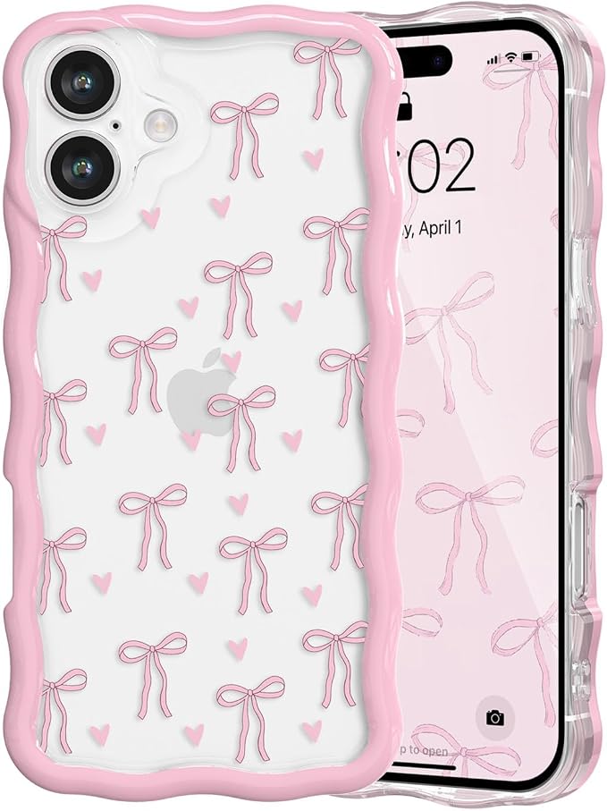 QLTYPRI for iPhone 17 Pink Bow Case, Clear Cute Pink Ribbon Bow Phone Case Curly Wavy Aesthetic Phone Cover, Soft Slim Transparent TPU Shockproof Protective Cover for Women Girls - Love Bow by QLTYPRI