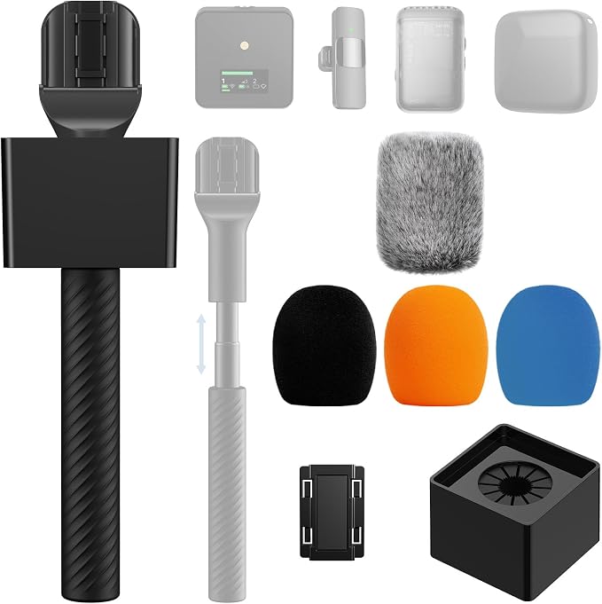 TONOR Wireless Mic Handle Compatible with DJI, RODE, Hollyland, Adjustable length Microphone Stand for ALL Lavalier Mic, Channel Flag Box, Rubber Grip, Wind Muff for Vlog, Reports, Interview, TP40 by TONOR