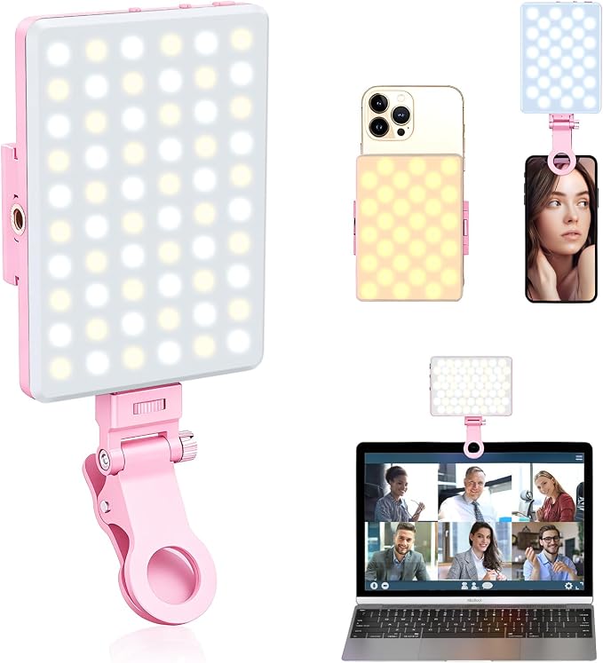 Selfie Light, Phone Light with Front & Back Clip, 60 LED Portable Light with 3 Modes, 5000mAh Rechargeable Video Light for Phone, iPhone, IPad, Laptop, TikTok, Makeup, Lighting Monolights(Pink) by OLRPT