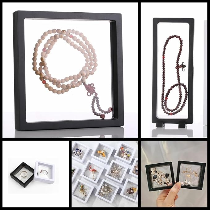 4 Pcs 3D Floating Display Case Frame Display Holder Stands Transparent PE Film Storage Box for Jewelry Challenge Coin Medal Antique 7 x 7 x 0.8 inch Black and White - Image 4