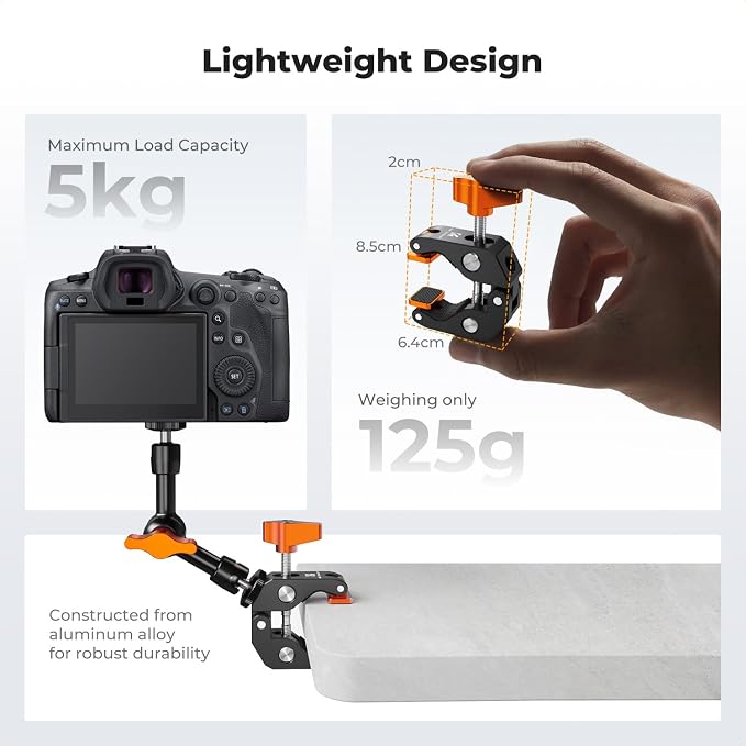 K&F CONCEPT Camera Mount Clamp, Super Crab Clamp Rotatable Clamping Block | 1/4" and 3/8" Thread Holes for Round Pipe Flat Surface, Camera Mounts, and Other Photographic Accessories, MS65 - Image 5