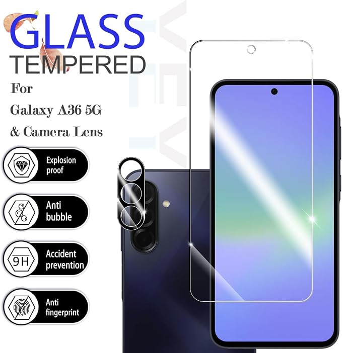 Galaxy A36 HD Clear Tempered Glass Screen Protector + Camera Lens Protectors, [2+2 Pack] [3D Glass] [Anti-Glare] [Bubble-Free] Screen Protector Glass For Samsung Galaxy A36 - Image 2