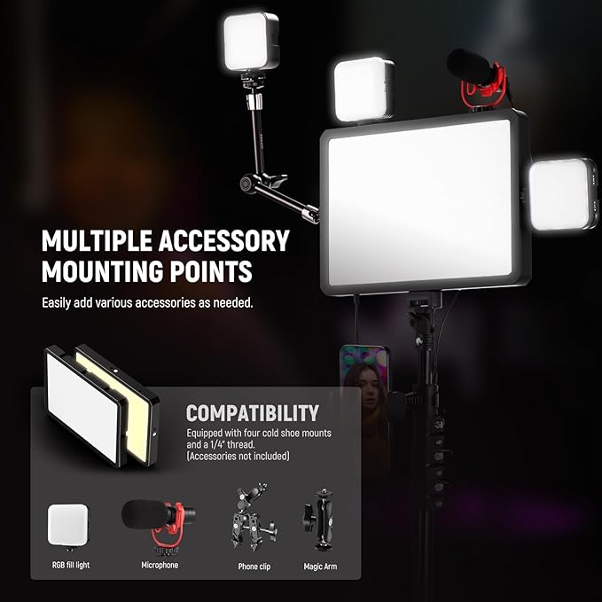 NEEWER Basics 2Pcs LED Video Light Panel with 59'' Tripod Stands/Phone Holders, 2700-6500K 850Lux Dimmable Plastic Studio Lighting for Photography Filming Recording Live Streaming, No Adapter, BP300 - Image 5