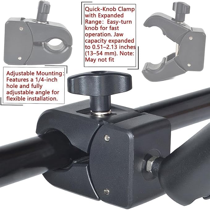 Universal Quick-Adjust Clamp with 1/4 Inch Thread Compatibility, 13-54mm Width Adjustable Grip for Camera, Light, Desk, Tactical Gear Mounting - Image 4