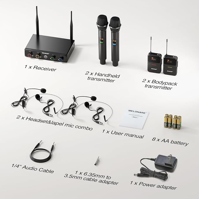 MELONARE 4-Channel UHF Compact Wireless Microphone System MWM-41-2H2B | 2 Handheld Mics, 2 Bodypacks, Headset/Lapel Mics, 4 x 10 Frequencies, 200 ft Range, Karaoke, Church - Image 8