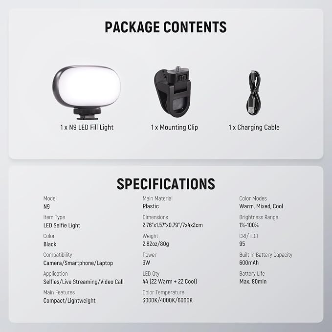 NEEWER Basics Portable Selfie Light, 3W Clip on Phone Small LED Cold Shoe Camera Lighting, 600mAh CRI95 3 Color Modes Dimmable for iPhone iPad Laptop Webcam Zoom Video Conference Recording Vlog, N9 - Image 8