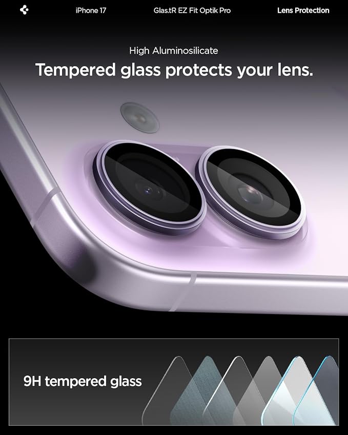 Spigen Camera Lens Protector for iPhone 17 (16 Plus/16) - Lavender | GlasTR EZ Fit Optik Pro, 9H+ Tempered glass, Scratch resistant, Auto-align tray, Case-friendly, Original Photo Quality, 2Pack - Image 6