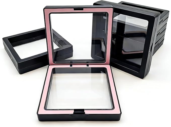 12 PCS Dual-Color Packaging Box 3D Floating Frame Display Stand, Color-Matching Packaging Display Box, Transparent Window Jewelry Case, PE Film Anti-Oxidation Storage Case. (Black+Pink) - Image 2
