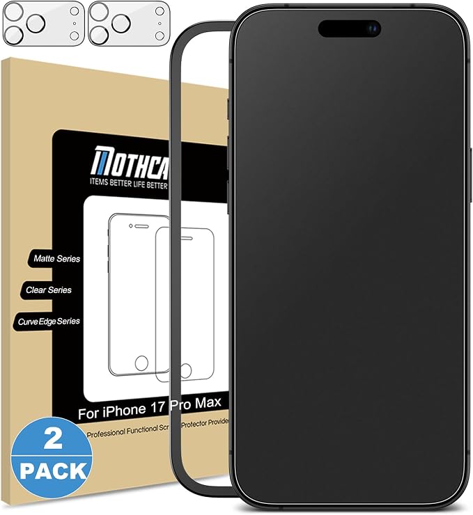 Mothca 2 Pack Matte Glass Screen Protector for iPhone 17 Pro Max[6.9 inch] + 2 Pack Camera Lens Protector, Anti-Glare & Anti-Fingerprint (Not Privacy Film) Tempered Glass, Bubble Free, Smooth as Silk by MothcaDirect