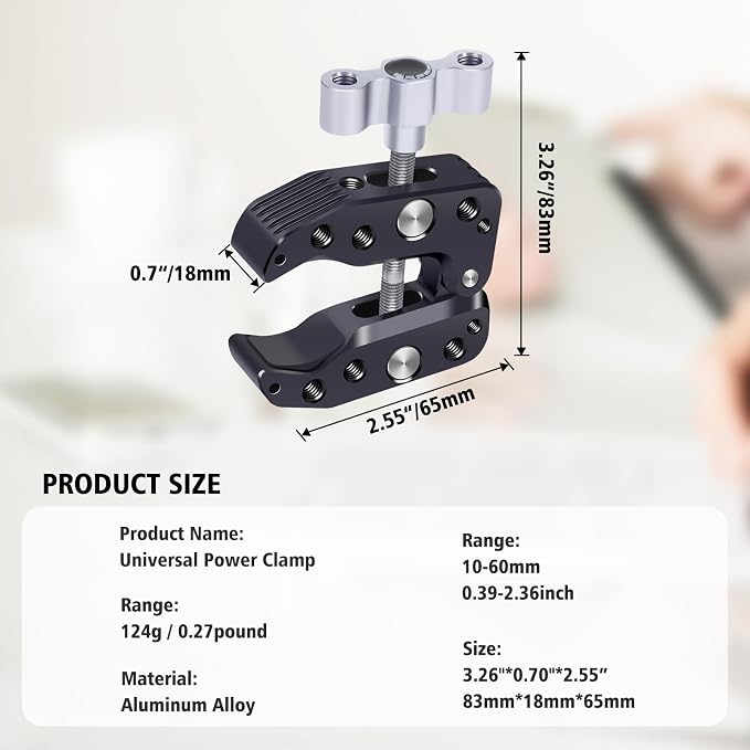 Universal Camera Clamp 10-60mm with 1/4"-3/8" Threads & Positioning Holes - Multi-Angle Adjustable Clamp for DSLR, Bike Handlebar, Desktop Streaming (Lightweight Aluminum Alloy) 62019 - Image 9