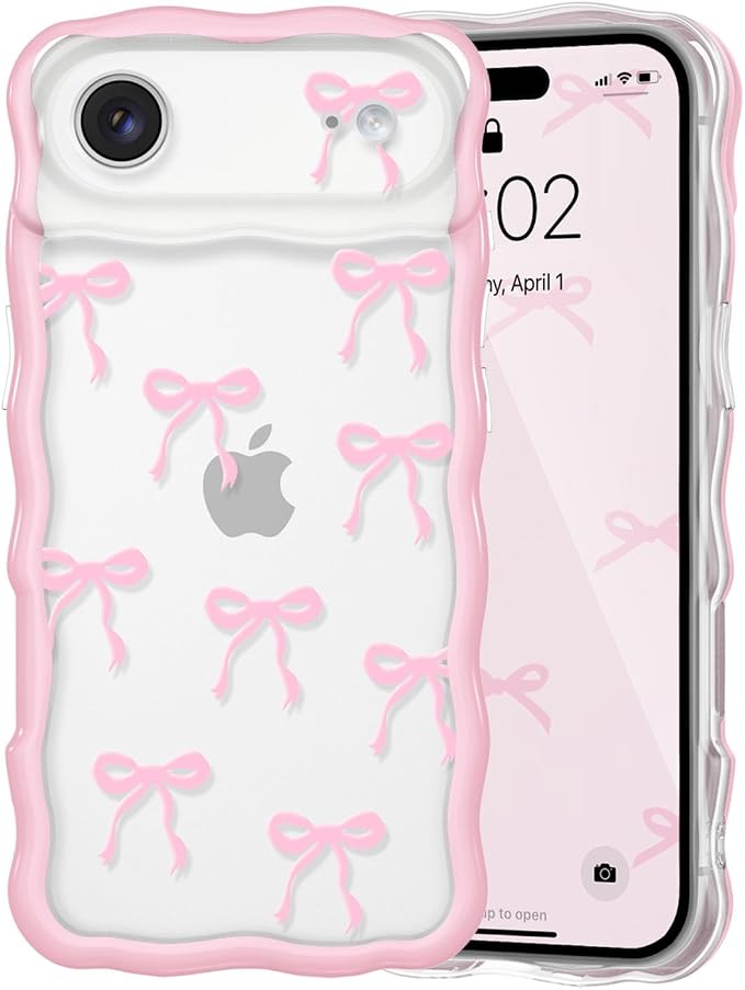QLTYPRI for iPhone Air Pink Bow Case, Clear Cute Pink Ribbon Bow Phone Case Curly Wavy Aesthetic Phone Cover, Soft Slim Transparent TPU Shockproof Protective Cover for Women Girls - Ribbon Bow by QLTYPRI