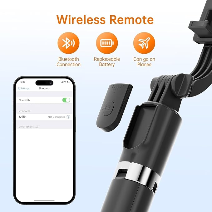67" Selfie Stick Tripod, Portable Cell Phone Tripod with Wireless Remote Control, 360° Rotating Extendable All-in-1 Travel Stand for Selfies Video Recording, Compatible with iOS/Android, Silver Black - Image 3