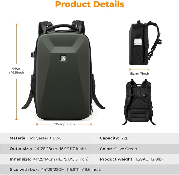 K&F CONCEPT Camera Backpack,Hardshell Photography DSLR Camera Bag | 15-15.6 Inch Laptop Compartment, Waterproof, Hard Shell Camera Case, Compatible with Canon/Nikon/Sony/DJI Mavic Drone, B07 - Image 7