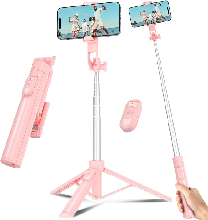 Selfie Stick Tripod for Phone with Remote Control & Holder, 50 Inch, Pink | Extendable Selfie Stick Travel for iPhone, iPhone Tripod for Video Recording by Liphisy