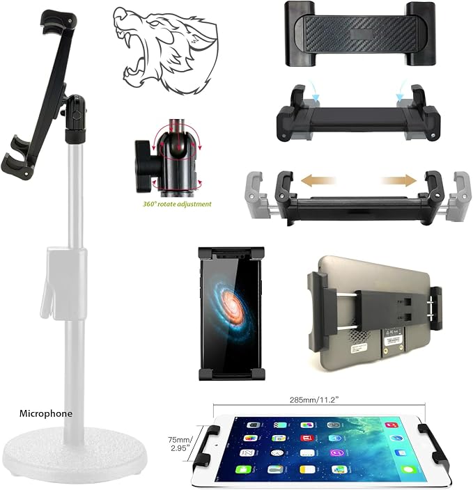 Tablet Smartphone 5/8 Microphone Stand Mount, Pro Grade Mic Adapter, Anti-Slip Holder for Musicians Performers Studio Recording Compatible with iPad mini Air Pro Galaxy tab & iPhones - Image 3