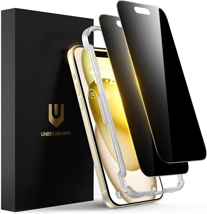 UNBREAKcable Privacy Screen Protector for iPhone 15 Plus, 2-Pack | True 28° Anti-Spy, Shatterproof Tempered Glass, 9H Hardness, Easy Install, Bubble-Free, Anti-Scratch, Case Friendly by UNBREAKcable