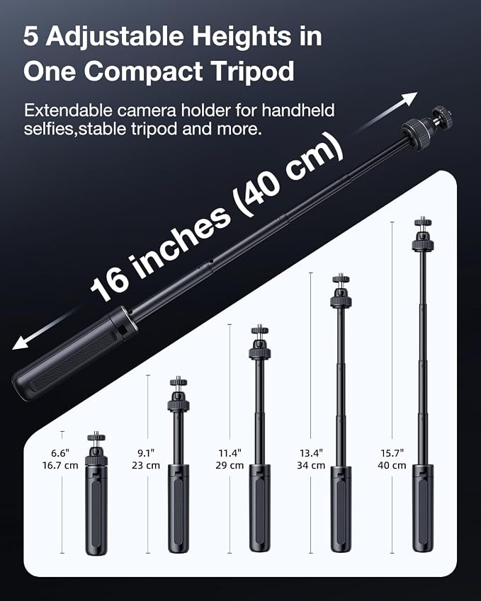 Llano 16"/40cm Action Camera Tripod for DJI Osmo Pocket 4/3, Insta360 X5 X4 X3, Gopro Hero13/12, Extendable Mini Tripod with 1/4'' Screw, Small Selfie Stick for Sony, Canon, 360° Ball Head, Black - Image 6