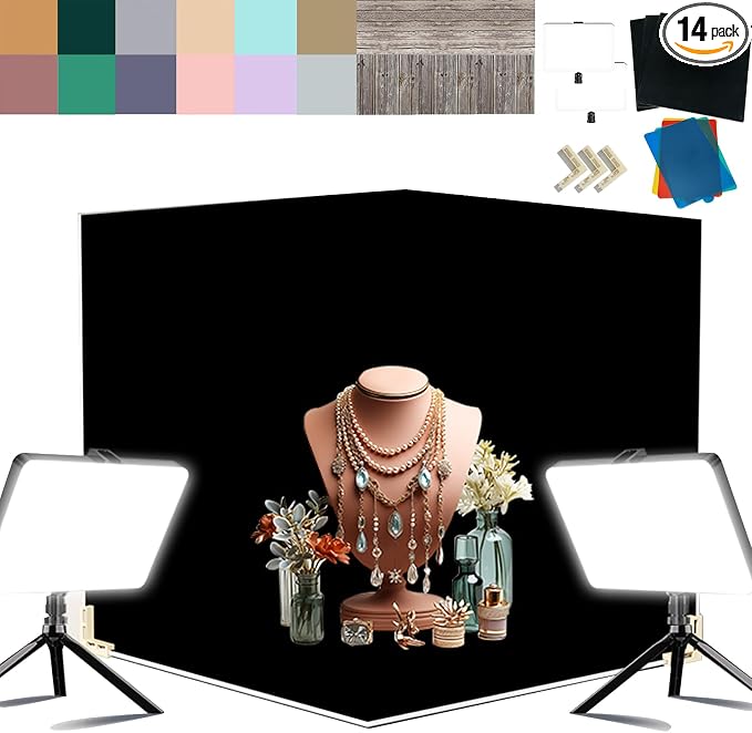 Photo Backdrop Board with 2 LED Lighting Shooting Kit, 14Pcs 28Patterns | 16x16 inch Product Photography Backdrops for Food Jelwery Cosmetics, Anti-Glare Black Flocked Photo Studio Background by JEINHAIO