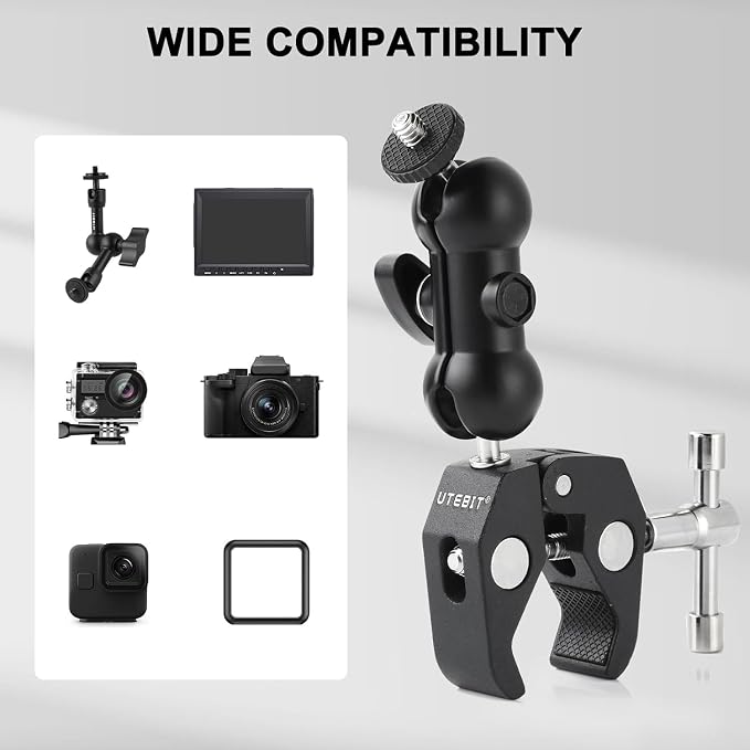 Super Clamp Camera Mount with 360° Ballhead Magic Arm, Black | Super Clamp Mount with 1/4" and 3/8" Thread, Desk/Bike/Bicycle/Motorcycle/ Handlebar for GoPro, Phone, Camera, Monitor - Image 5