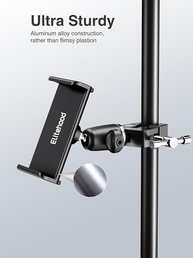 elitehood Metal iPad Holder for Mic Stand, Adjustable Tablet Holder for Mic | Aluminum iPad Mic Stand Holder for Microphone Music Stand, 360° Adjustable iPad Mount for 4.7-13" Tablets and Cell Phones - Image 2