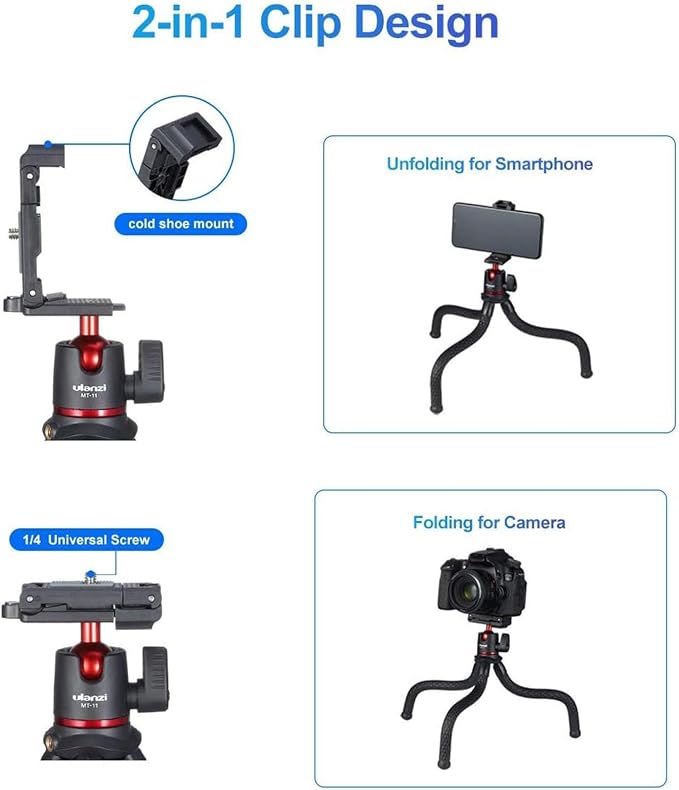 ULANZI Camera Tripod, Mini Flexible Stand w Hidden Phone Holder w Cold Shoe Mount, 1/4'' Screw f Magic Arm, Universal f iPhone 17 16 15 14 Pro Max XS Max Canon Nikon Sony DJ Pocket 4/3 Cameras - Image 2