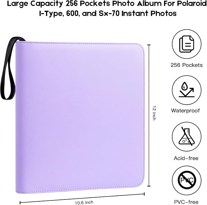 Veicevol 256-Pocket Album for Polaroid i-Type, 600 & SX-70 Photos, Purple | Designed for Fujifilm Instax Wide Photos, Water-Resistant PU Leather Cover, Zipper Closure, Securely Holds Up to 256 Photos - Image 3