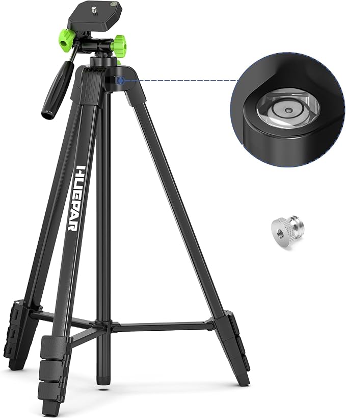 Huepar 60-Inch Lightweight Tripod Portable Adjustable Laser Level Tripod | 3-Way Swivel Pan Head, 2 Bubble Levels, 1/4" and 5/8" Thread Mount for Varieties Tools, Only for Indoor Basic Work by Huepar