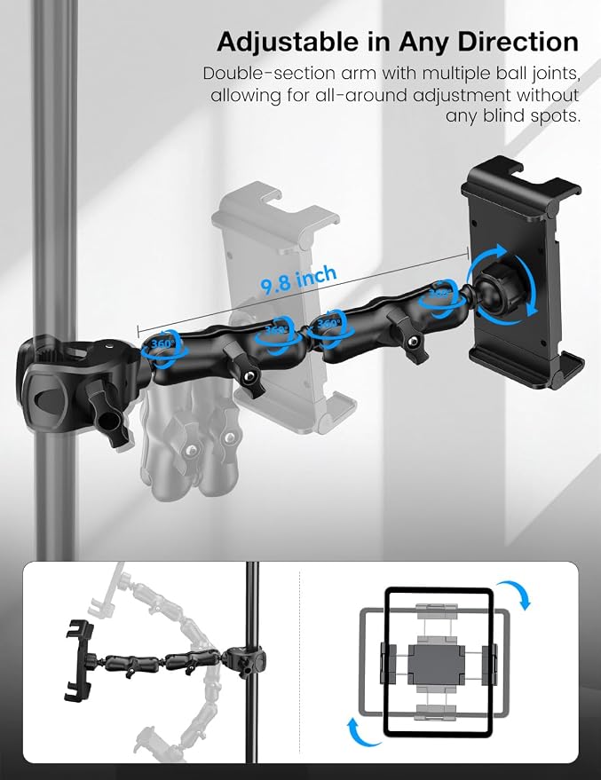 PLDHPRO Tablet Holder for Mic Stand,iPad Clamp Mount with Long Arm,360°Rotating Adjustable Tablet Mount for Microphone Stand,Fits 5.5"-14.6" iPad Pro 12.9, Galaxy,iPhone - Image 3