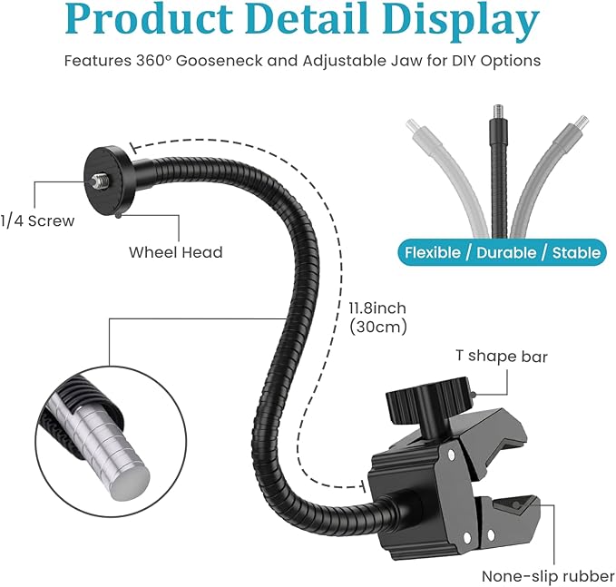 Gooseneck Clamp Camera Mount with 1/4" Screw, Flexible 30cm Arm | Clip Mounts for Handlebar, Desk, Tube, Cross Bar | Compatible with Go Pro, Ring, Google Nest, Wyze, and Arlo - Image 3