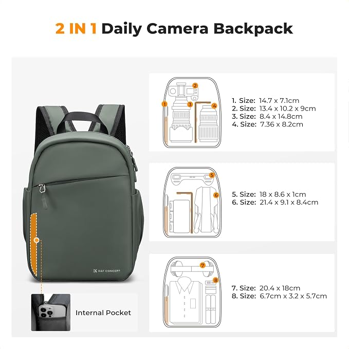 K&F CONCEPT Camera Backpack, Lightweight Compact Camera Bag 5L | Water-Resistant, Dividers, 9.7in Tablet Compartment, Quick Access, Street & Urban, Men & Women, for Canon/Nikon/Sony, Green - Image 4