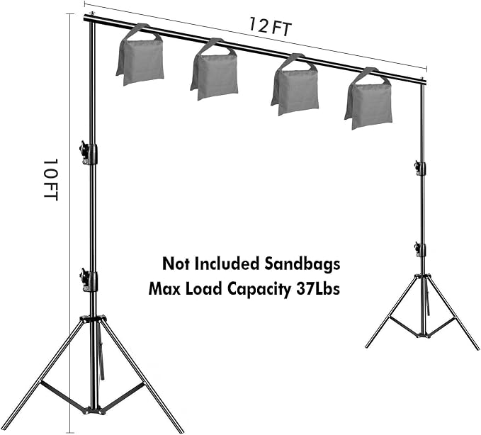 12ft x 10ft Photo Video Studio Heavy Duty Adjustable Photography Muslin Backdrop Stand Background Support System Kit with Carry Bag 4 Spring Clamps - Image 4