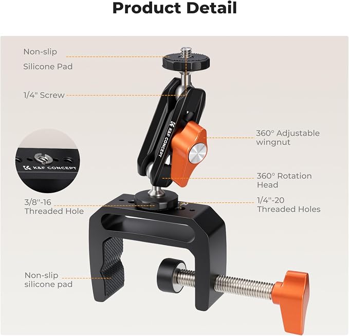 K&F CONCEPT Camera C-Clamp Mount with Double Ball Head Magic Arm | 360° Adjustable Clamp Desktop Mount, for Action Camera, Monitor, LED Light and Microphone - Image 4