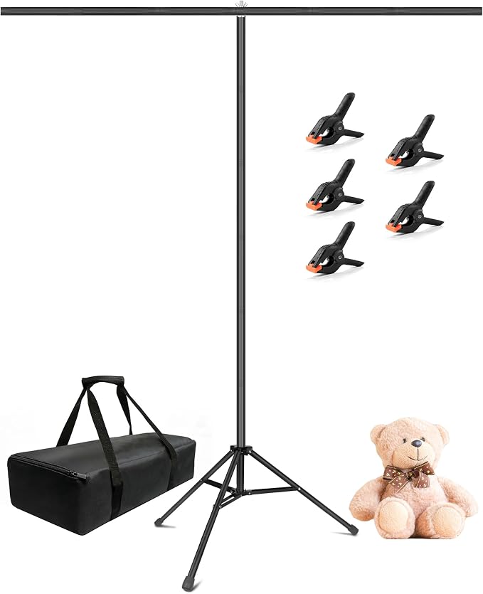 Hemmotop T-Shape Photo Backdrop Stand Portable 7x5ft (HxW) | Threaded Connection, Same Pipe Size, Extra Sturdy, with 5 Clips and Carry Bag, for Birthday, Baby Shower Party, Photoshoot by Hemmotop