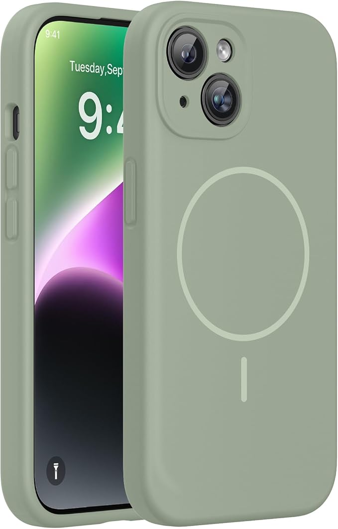 miracase Magnetic for iPhone 14 Plus Case, [Soft Anti-Scratch Microfiber Lining], Compatible with MagSafe, Silicone Shockproof Protection Phone Case for iPhone 14 Plus,Patina Green by Miracase