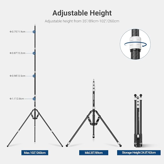 NEEWER Carbon Fiber Tripod Stand w Reversible Legs, 35"-102" Portable Lightweight Photography Light Stand for Strobe Softbox Ring Light Action Cam DSLR Streaming Recording, 6.6lb/3kg Max Load, ST260C - Image 2
