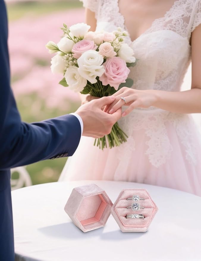 MFXIP Velvet 3 Slots Jewelry Ring Box Engagement Wedding Box Keepsake Box Bridal Photo Ring Triple Slots Hexagon - Image 6