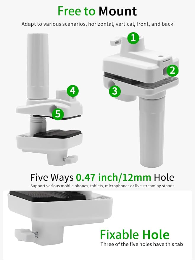 Desk Clamp Mount For Microphone Suspension Boom Scissor Arm Stand Holder, 5 Ways Boom Arm Insert Holes(12mm), Stable Installation on Tables/Beds up to 3.2 inches Thickness (White) - Image 3