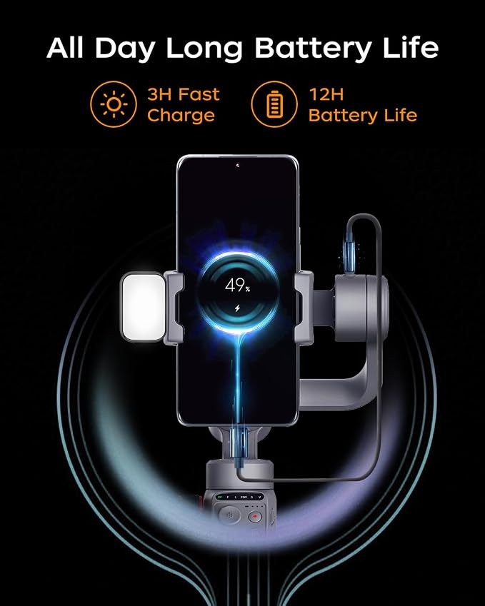 Capture5 Gimbal Stabilizer for Smartphone, Magnetic AI Tracker Fill Light Remote Control 500g Payload, 3-Axis Phone Gimbal for Android & iPhone 16 15 Pro Max for Video Recording（Gray） - Image 7