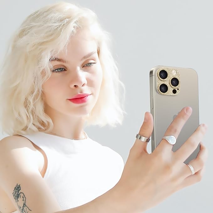 for iPhone 15 Pro & iPhone 15 Pro Max Camera Lens Protector, Bling 3D Rhinestone Diamond 9H Tempered Glass Camera Cover Anti Scratch Shockproof Lens Screen Full Protective Cover -Gold - Image 7
