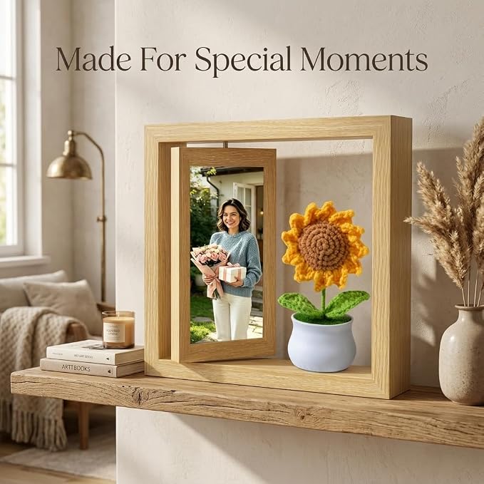 4x6 Rotating Floating Picture Frame Desktop with Crochet Sunflower, Double-Sided Display 4x6 Photos- 2026 Graduation Gift for Girls Her Teacher Sunflower Gifts for Mom Women Cute Office Desk Decor - Image 7