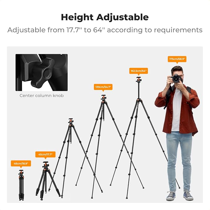 K&F CONCEPT 63" Aluminum Travel Tripod for Camera | Lightweight Compact Tripod Weighs 2.6lb, Max Load 22lb for Camera DSLR Mirrorless Camcorders Phone, O235A1+BH-40 - Image 6